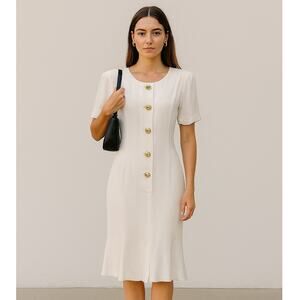 Vintage Michael B LTD Petites White Dress Gold Sz10 Fits S/M 90s Chic Minimalist